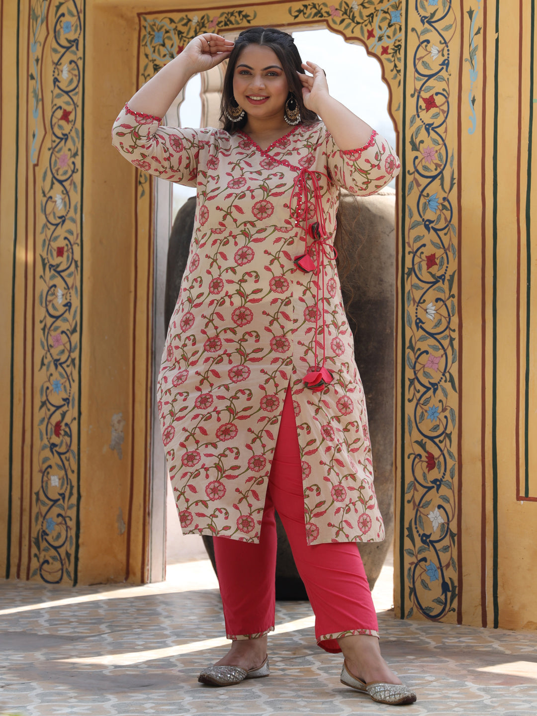 Beige Ethnic Print Embroidered Cotton Angrakha Style Kurta With Palazzo