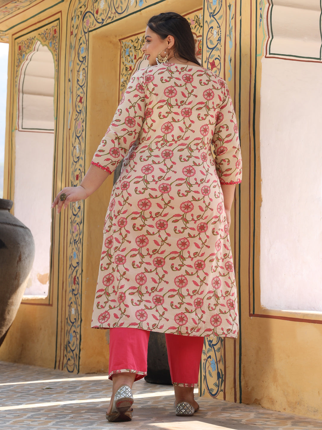 Beige Ethnic Print Embroidered Cotton Angrakha Style Kurta With Palazzo