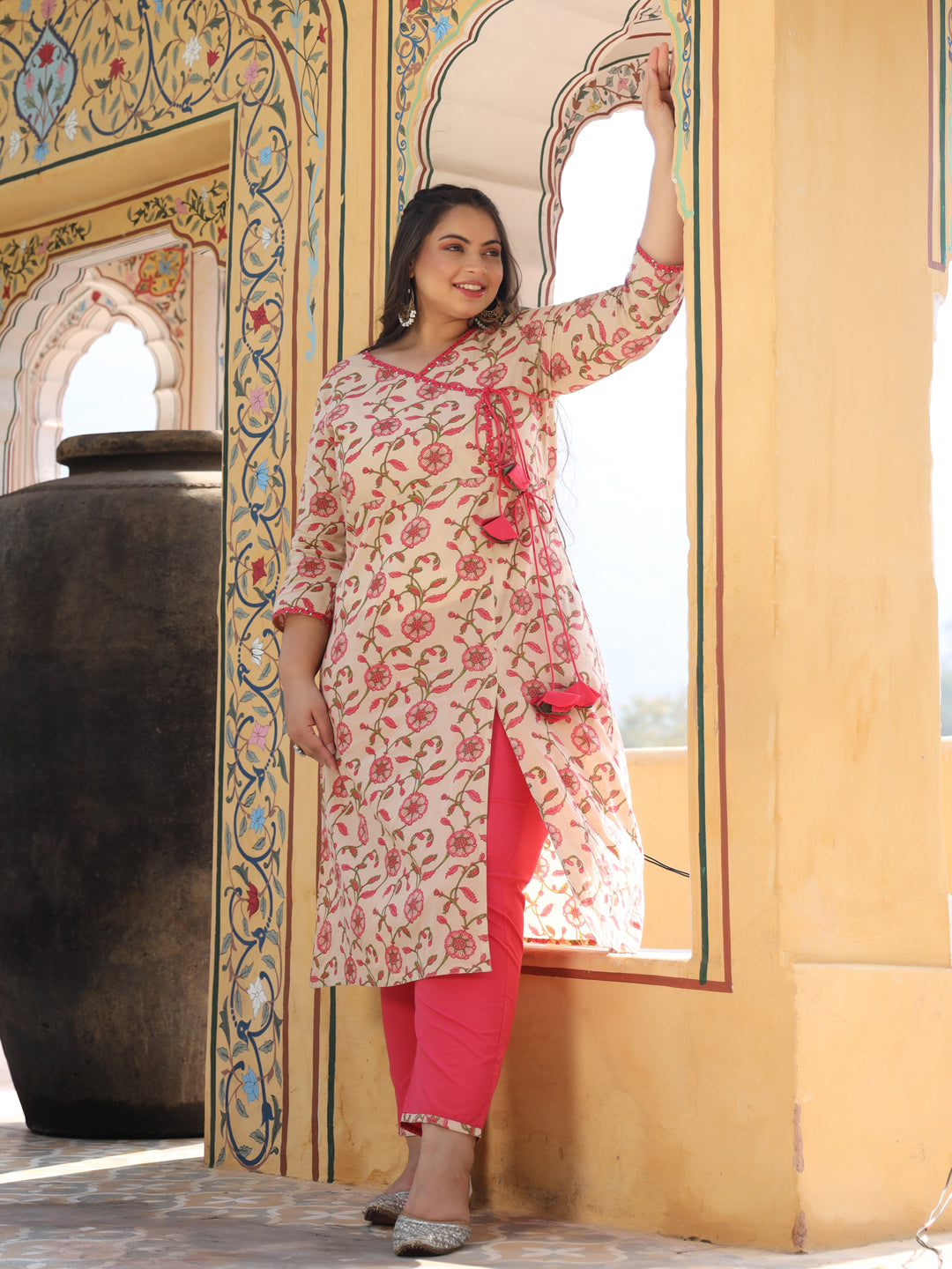 Beige Ethnic Print Embroidered Cotton Angrakha Style Kurta With Palazzo