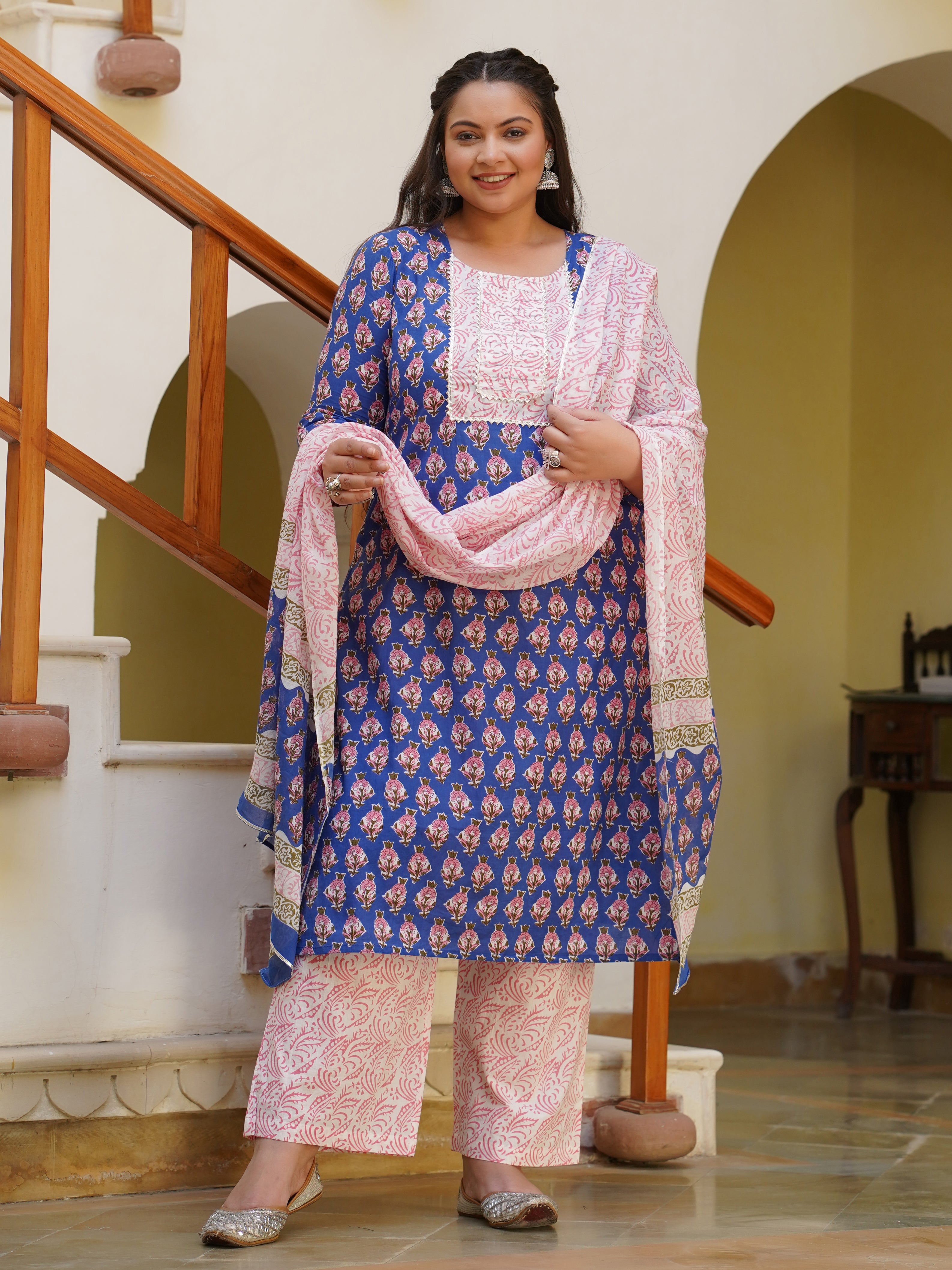 A Blue Printed Cotton Pin Tucks Straight Kurta With Palazzo And Dupatta