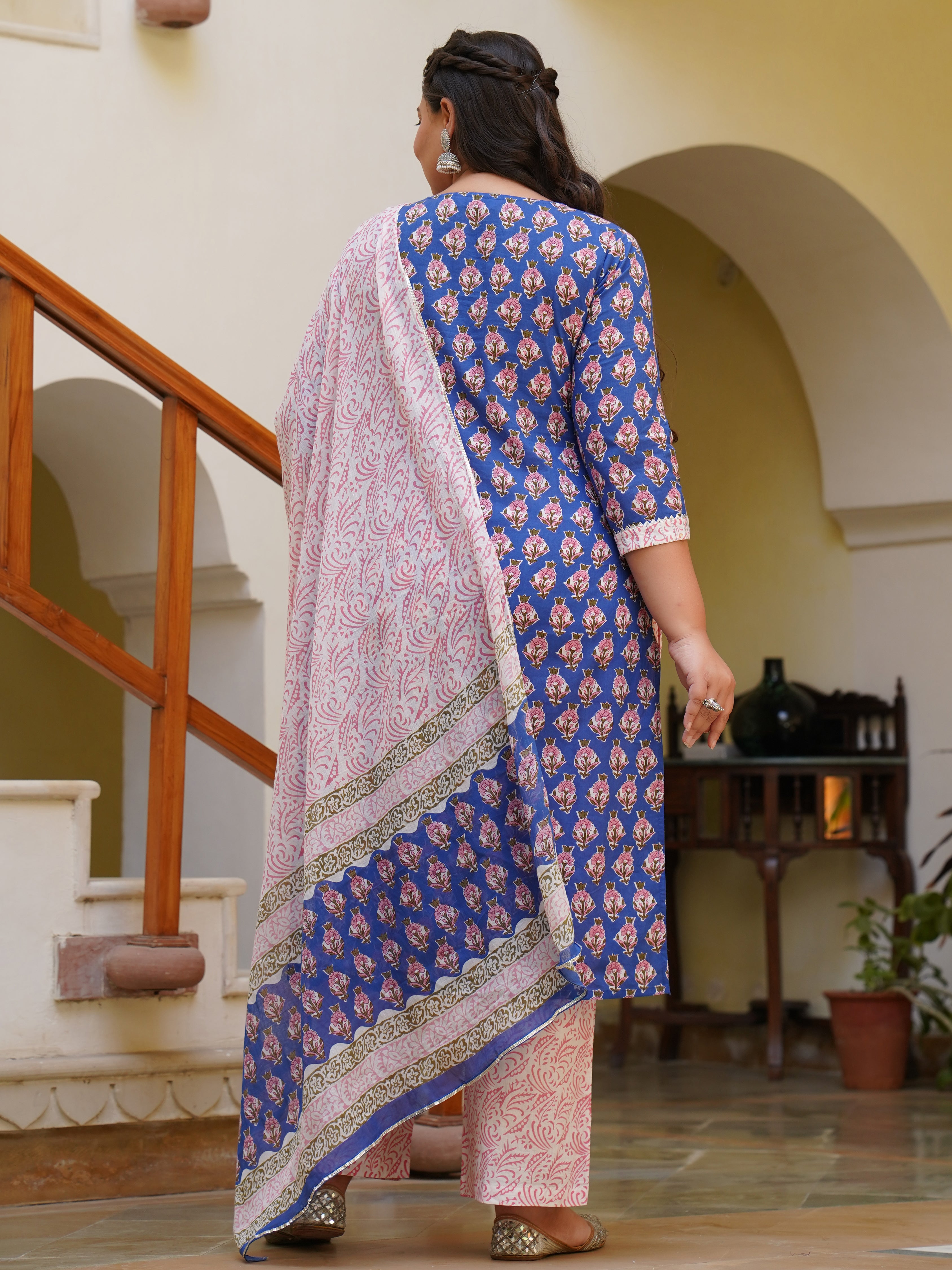 A Blue Printed Cotton Pin Tucks Straight Kurta With Palazzo And Dupatta