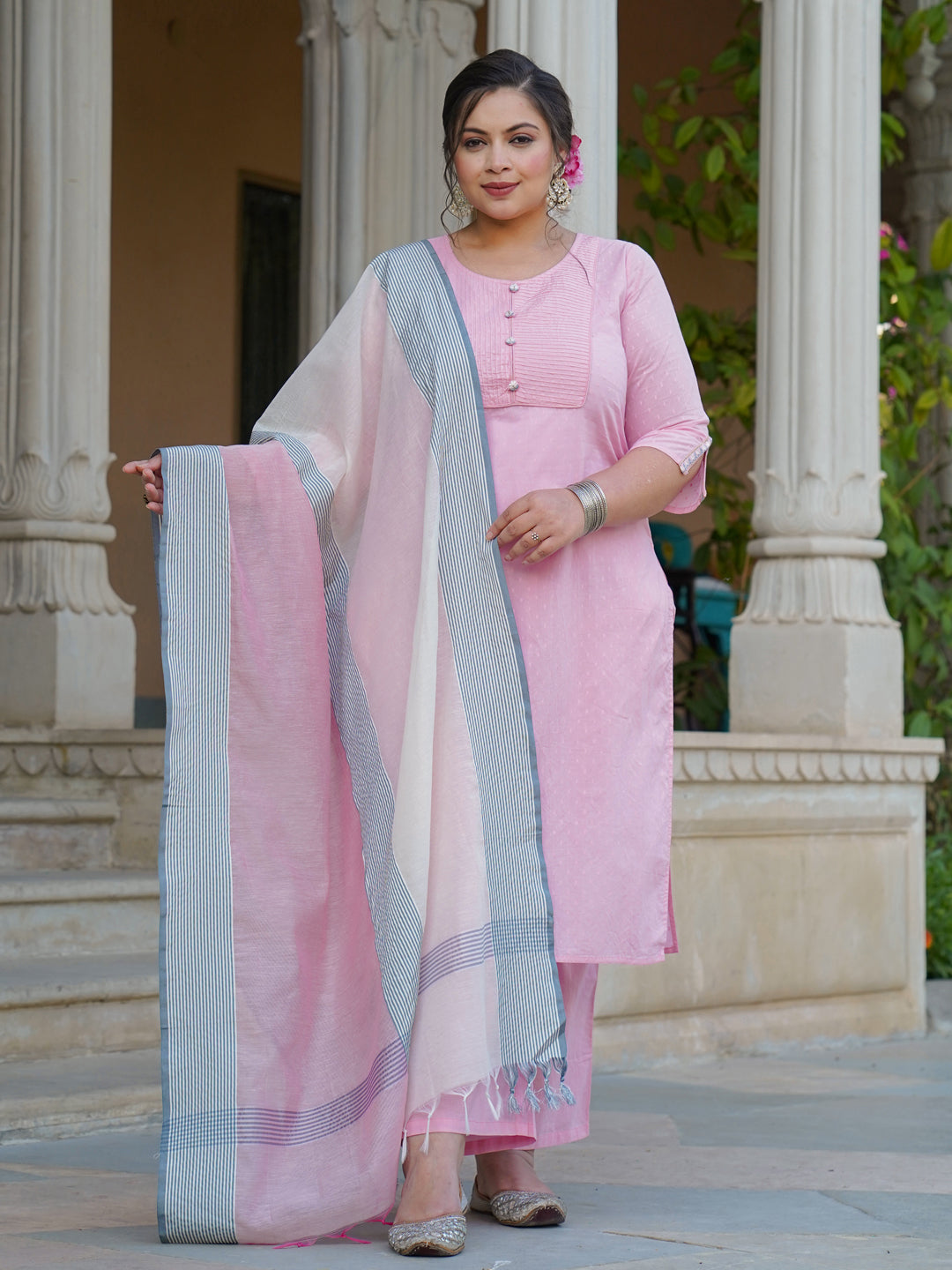 Pink & Grey Dobby Weave Kurta With Palazzos & Dupatta