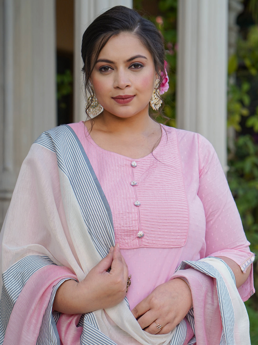 Pink & Grey Dobby Weave Kurta With Palazzos & Dupatta
