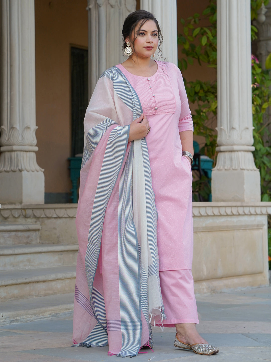Pink & Grey Dobby Weave Kurta With Palazzos & Dupatta