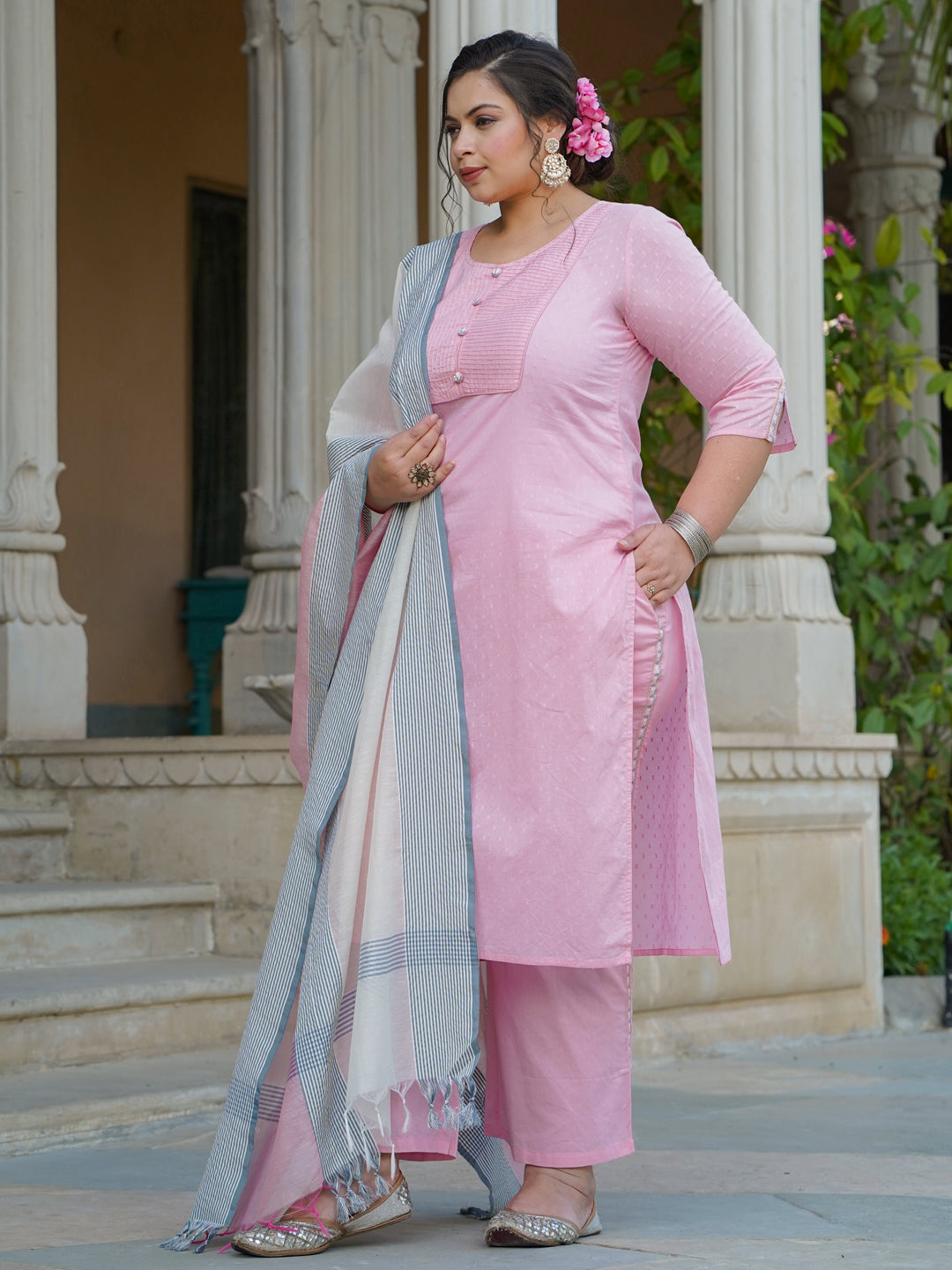 Pink & Grey Dobby Weave Kurta With Palazzos & Dupatta