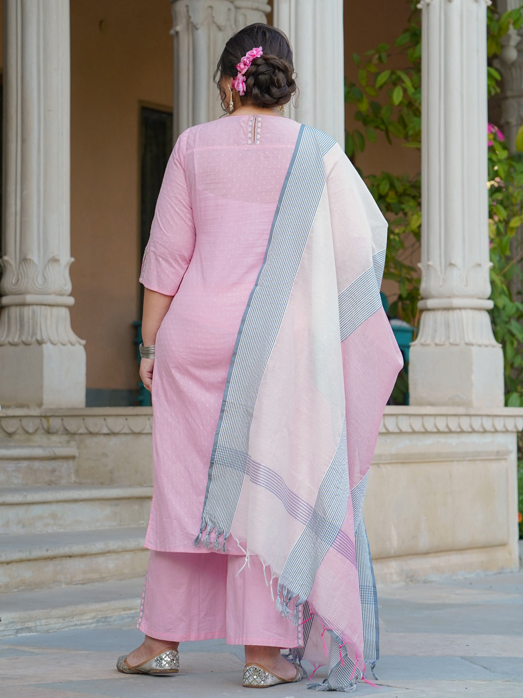 Pink & Grey Dobby Weave Kurta With Palazzos & Dupatta