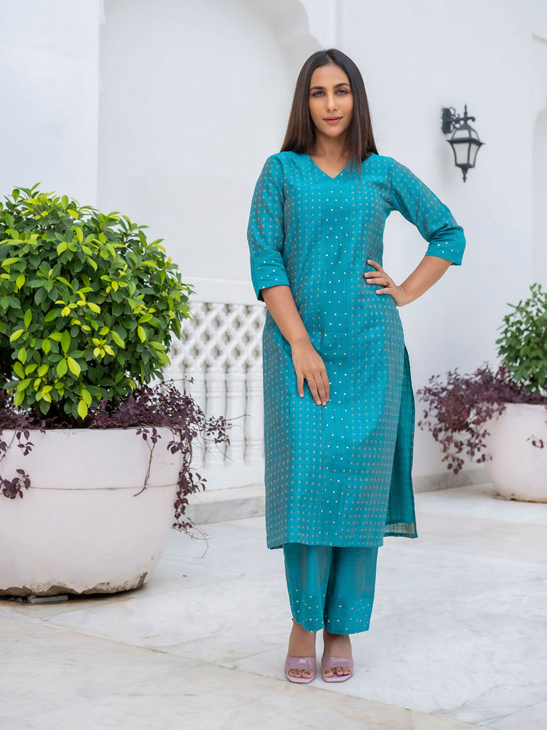 Turquoise Jacquard Print Straight Kurta With Palazzos