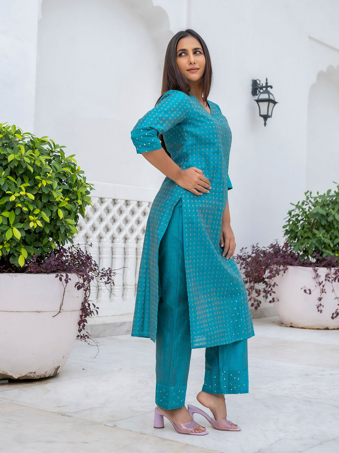 Turquoise Jacquard Print Straight Kurta With Palazzos
