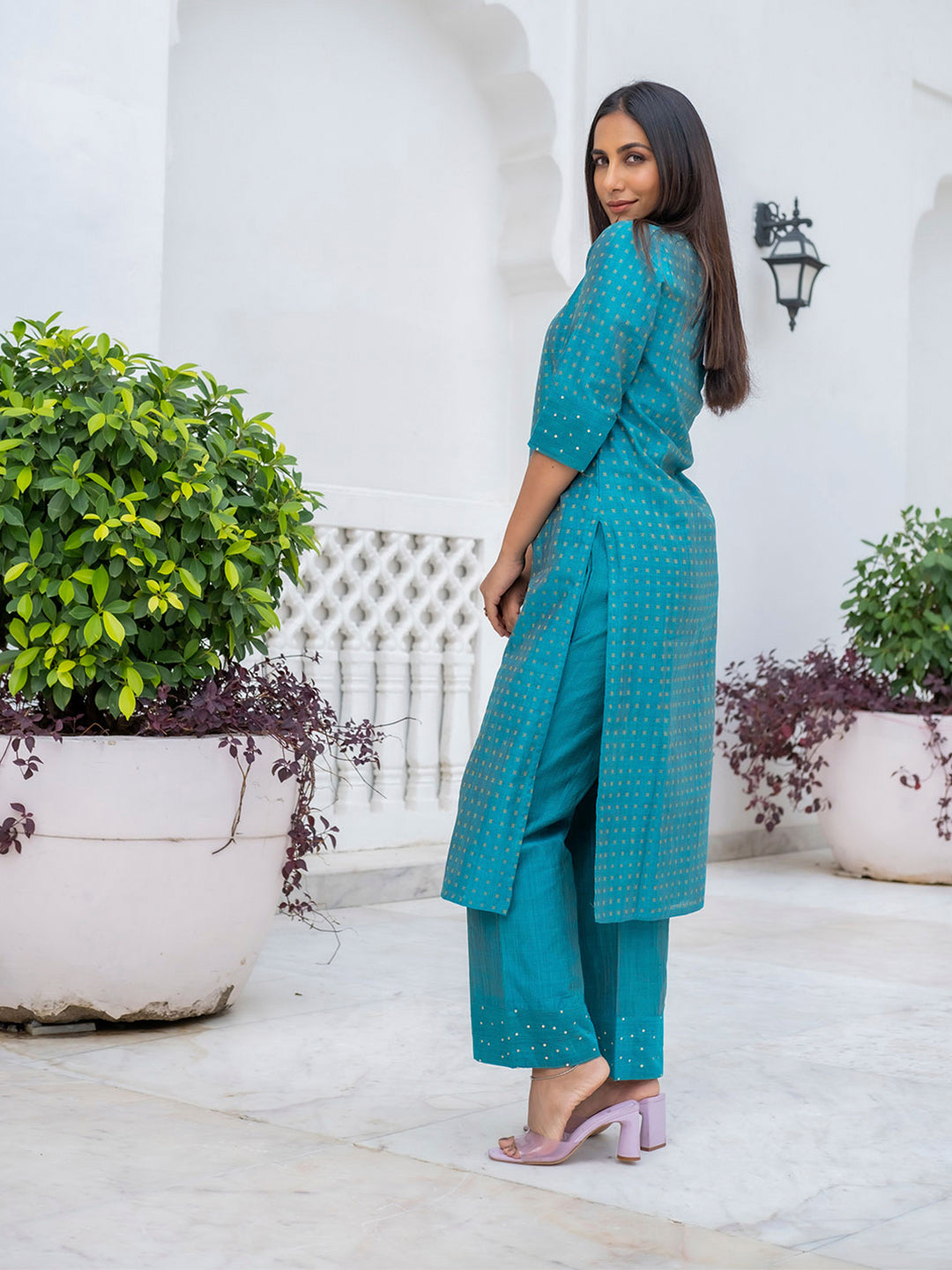 Turquoise Jacquard Print Straight Kurta With Palazzos