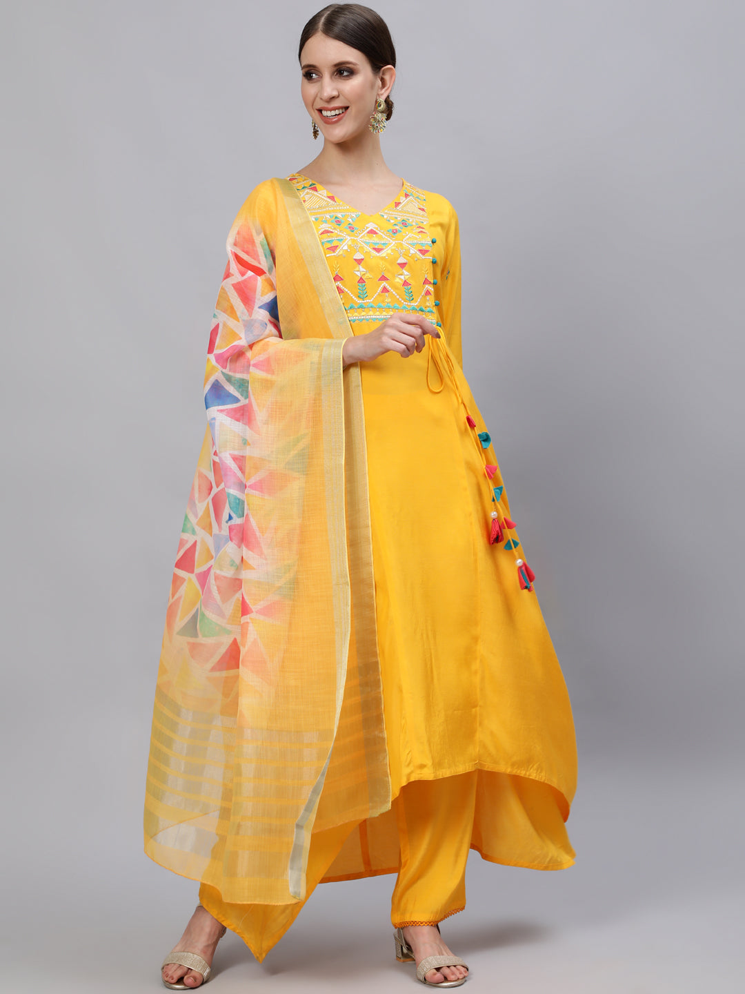 Asymetirc Solid Embroidered Kurta With Palazzo And Dupatta