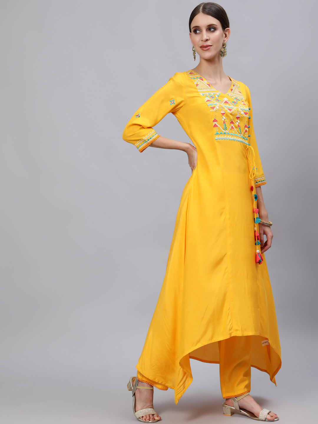Asymetirc Solid Embroidered Kurta With Palazzo And Dupatta