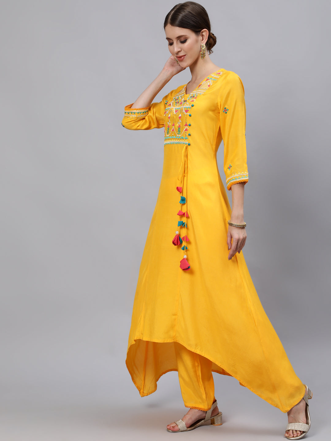 Asymetirc Solid Embroidered Kurta With Palazzo And Dupatta