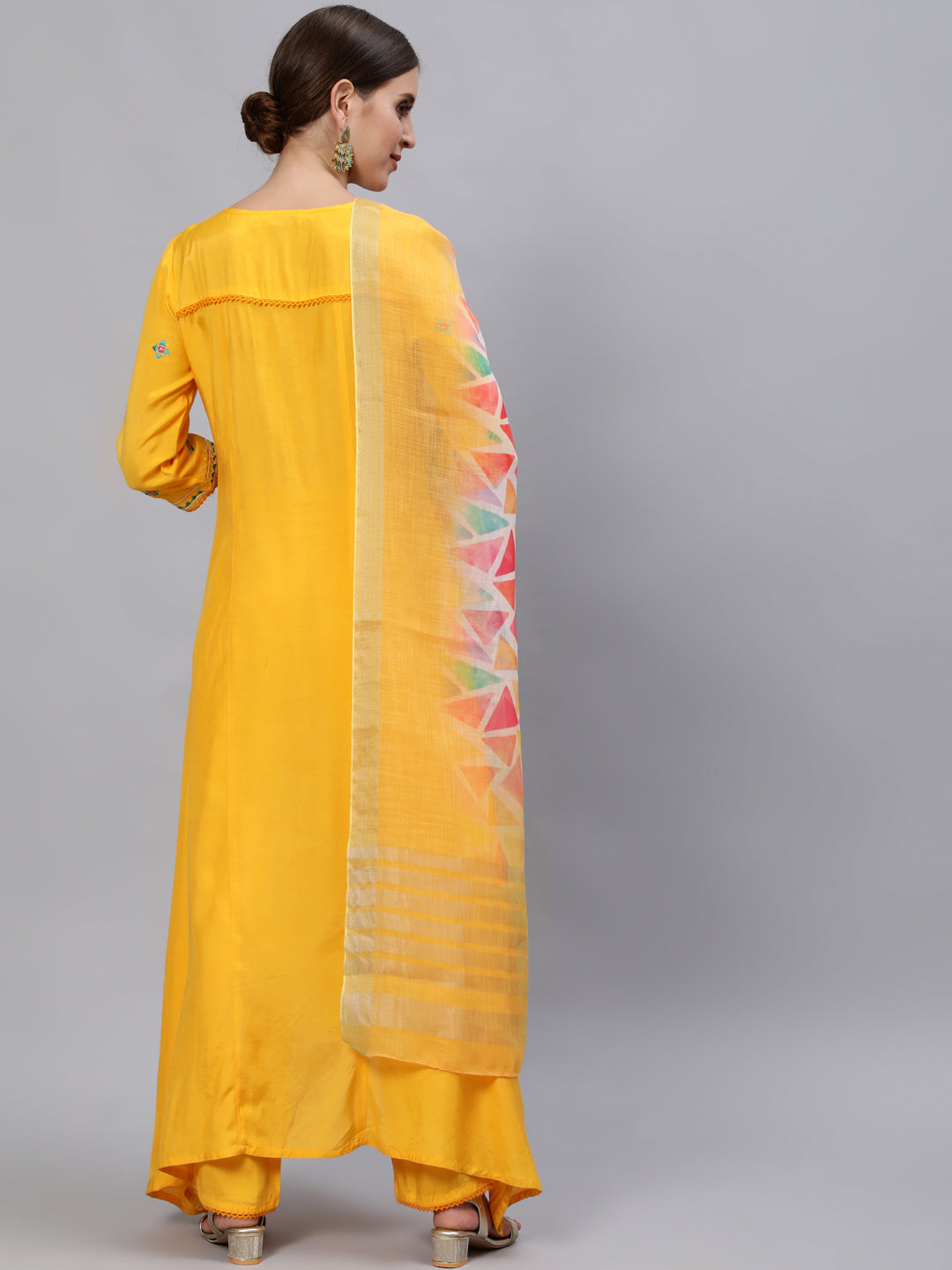 Asymetirc Solid Embroidered Kurta With Palazzo And Dupatta