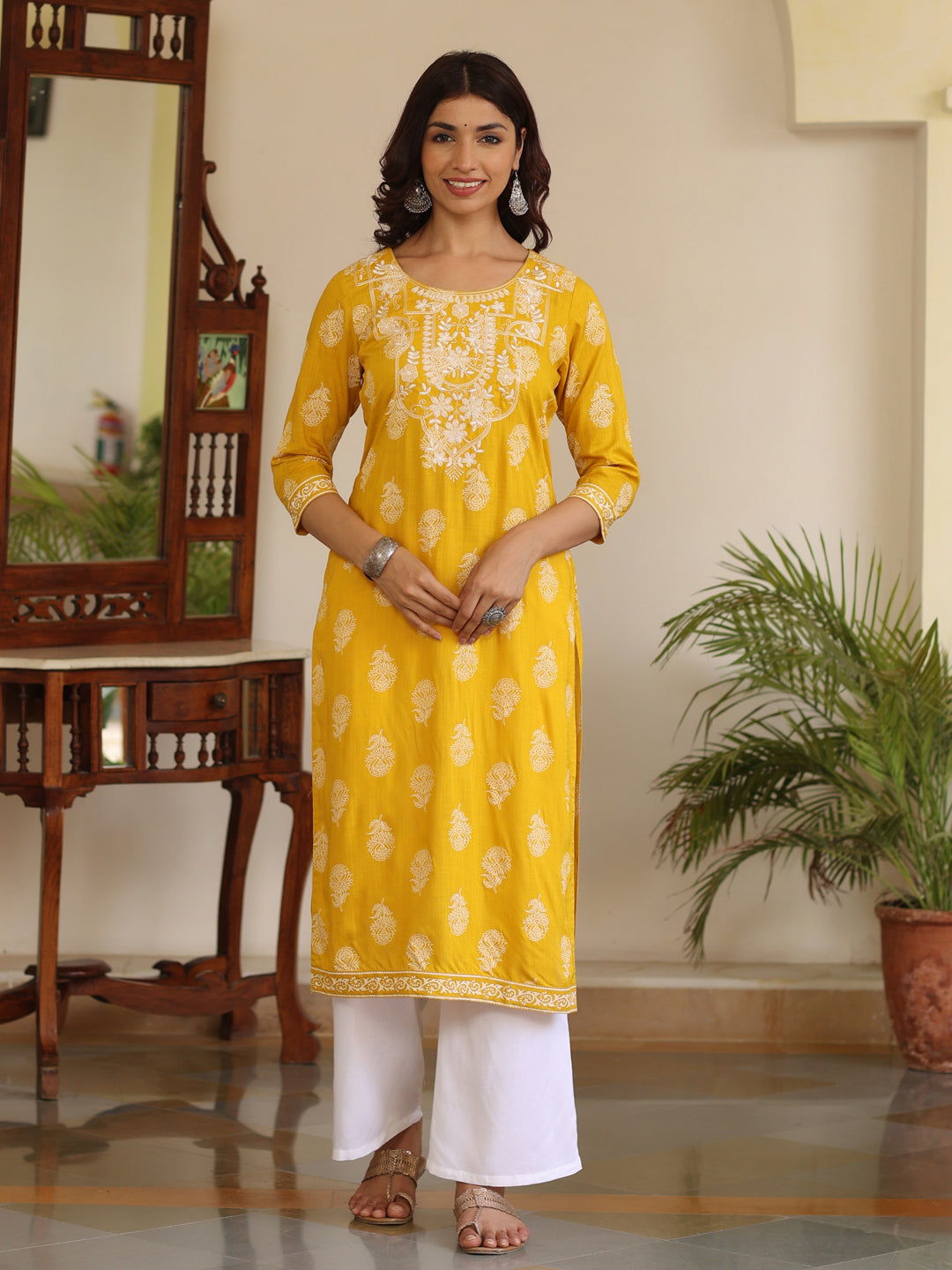 Mustard Heavy Embroidered Khadi Print Straight Kurta With White Rayon Palazzo