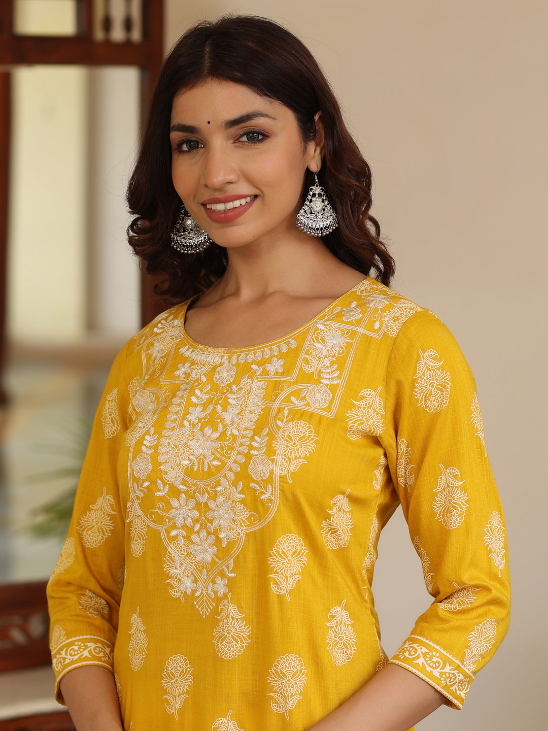 Mustard Heavy Embroidered Khadi Print Straight Kurta With White Rayon Palazzo