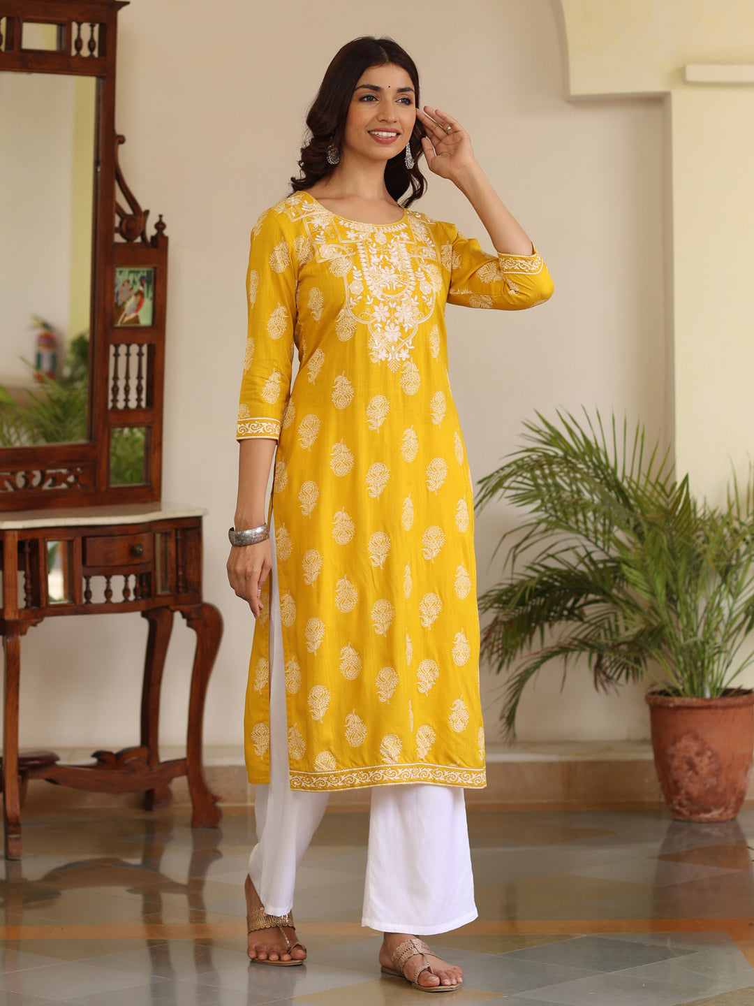 Mustard Heavy Embroidered Khadi Print Straight Kurta With White Rayon Palazzo