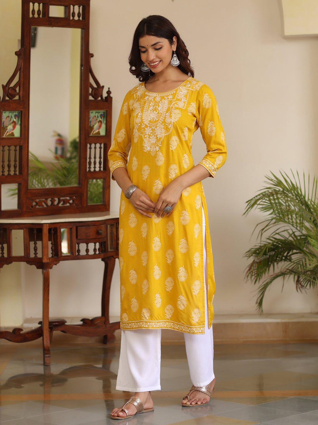 Mustard Heavy Embroidered Khadi Print Straight Kurta With White Rayon Palazzo