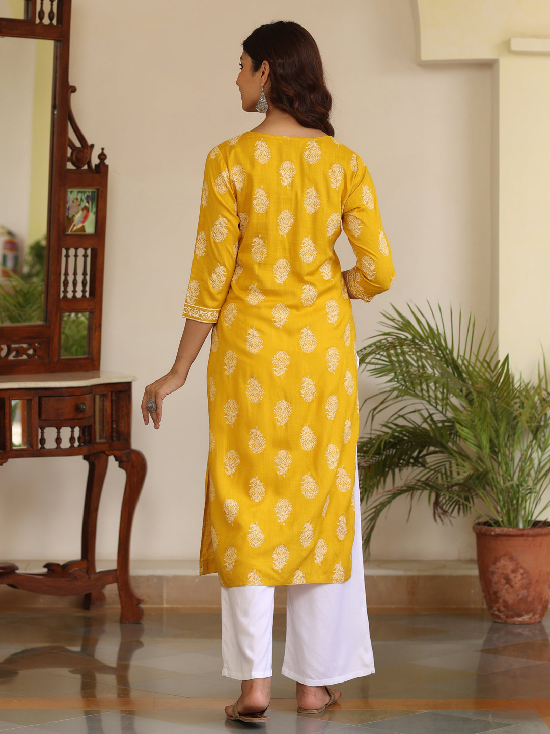 Mustard Heavy Embroidered Khadi Print Straight Kurta With White Rayon Palazzo