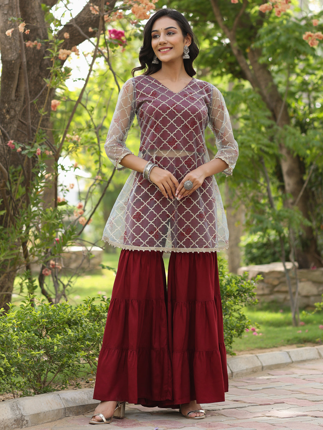 Gold Embellished A-Line Kurta With Rayon Maroon Sharara
