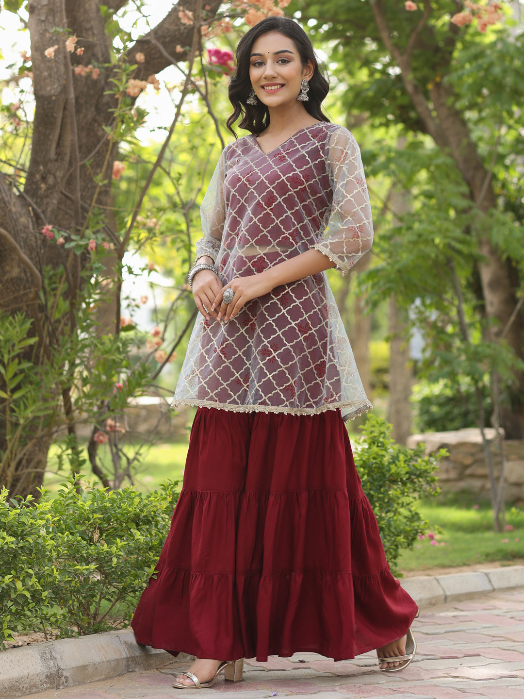 Gold Embellished A-Line Kurta With Rayon Maroon Sharara