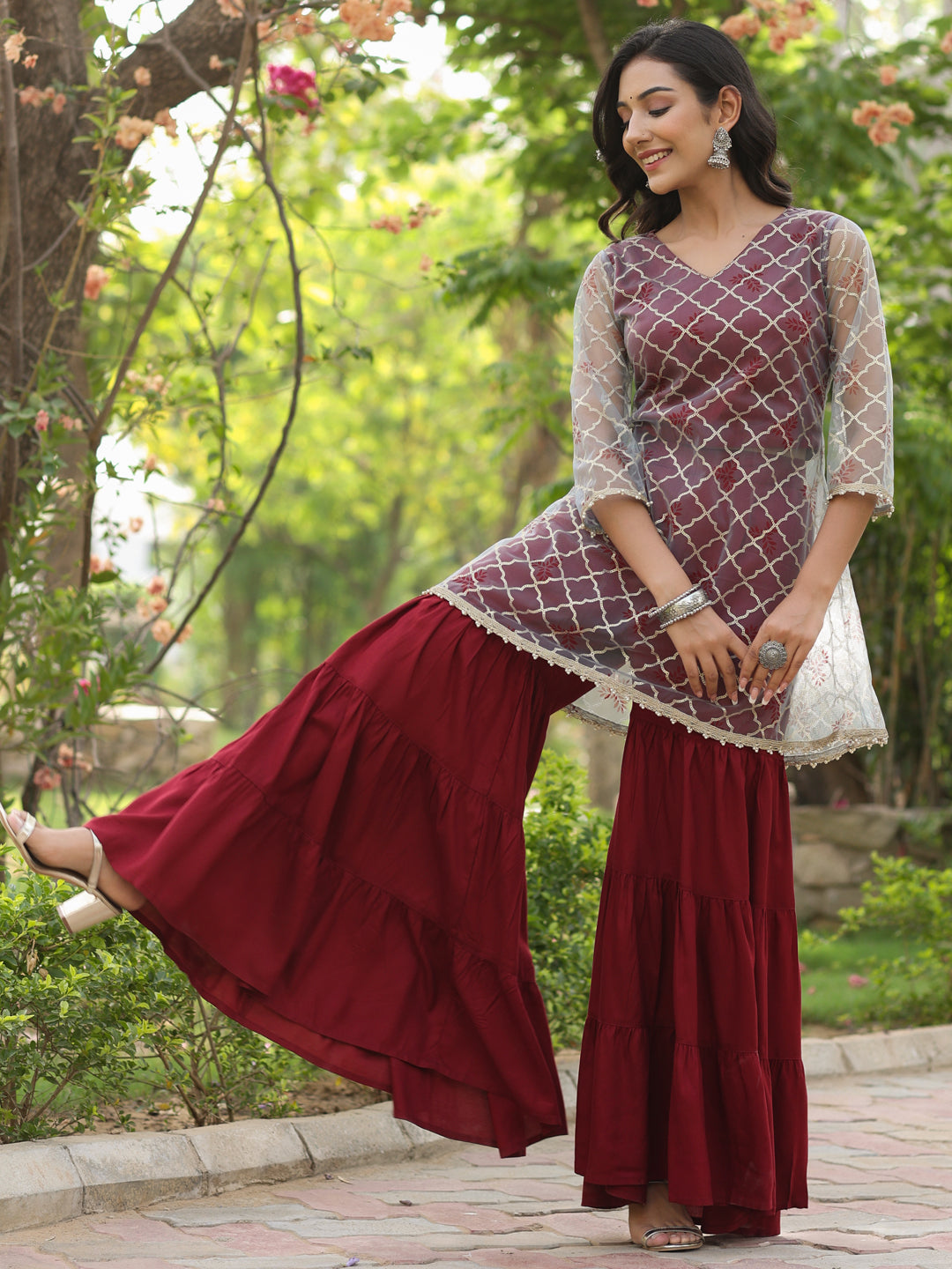 Gold Embellished A-Line Kurta With Rayon Maroon Sharara