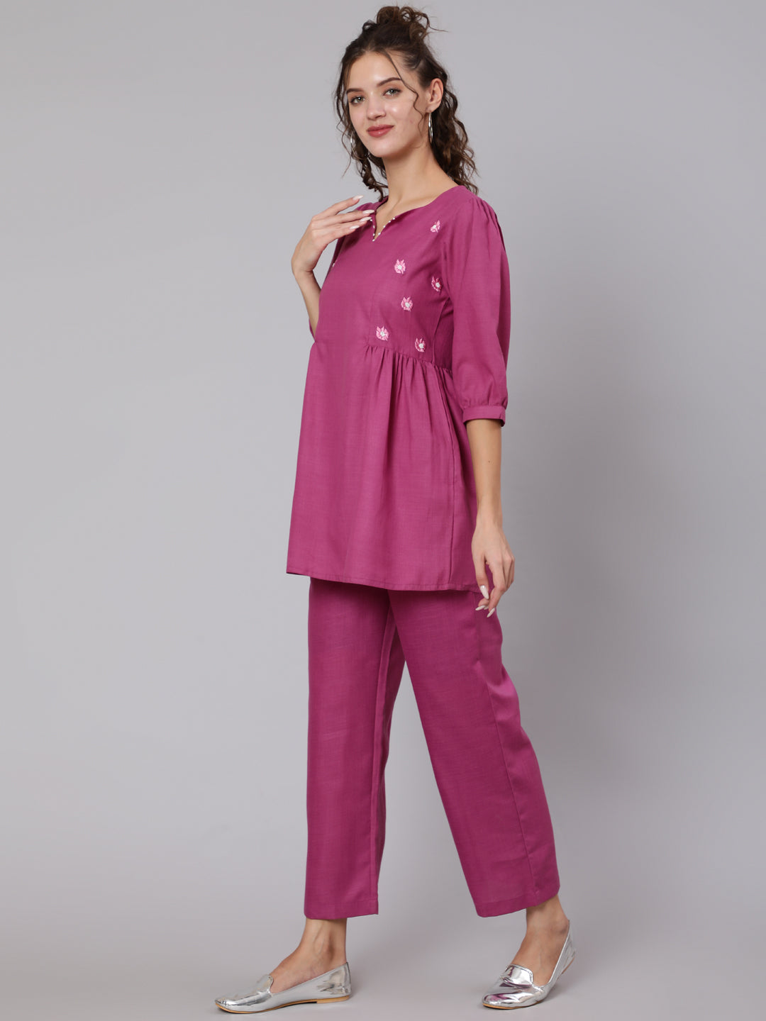 Buy Magenta Embroidered Top & Palazzo Co-Ord set | Jaipur Kurti Shop Stylish Magenta Co-Ord Set Online for Women. Buy Latest Embroidered Bead Work Flared Top with Puffed Sleeves & Magenta Palazzo at Jaipur Kurti at Diwali Sale