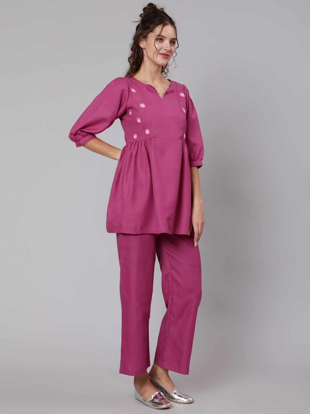 Buy Magenta Embroidered Top & Palazzo Co-Ord set | Jaipur Kurti Shop Stylish Magenta Co-Ord Set Online for Women. Buy Latest Embroidered Bead Work Flared Top with Puffed Sleeves & Magenta Palazzo at Jaipur Kurti at Diwali Sale