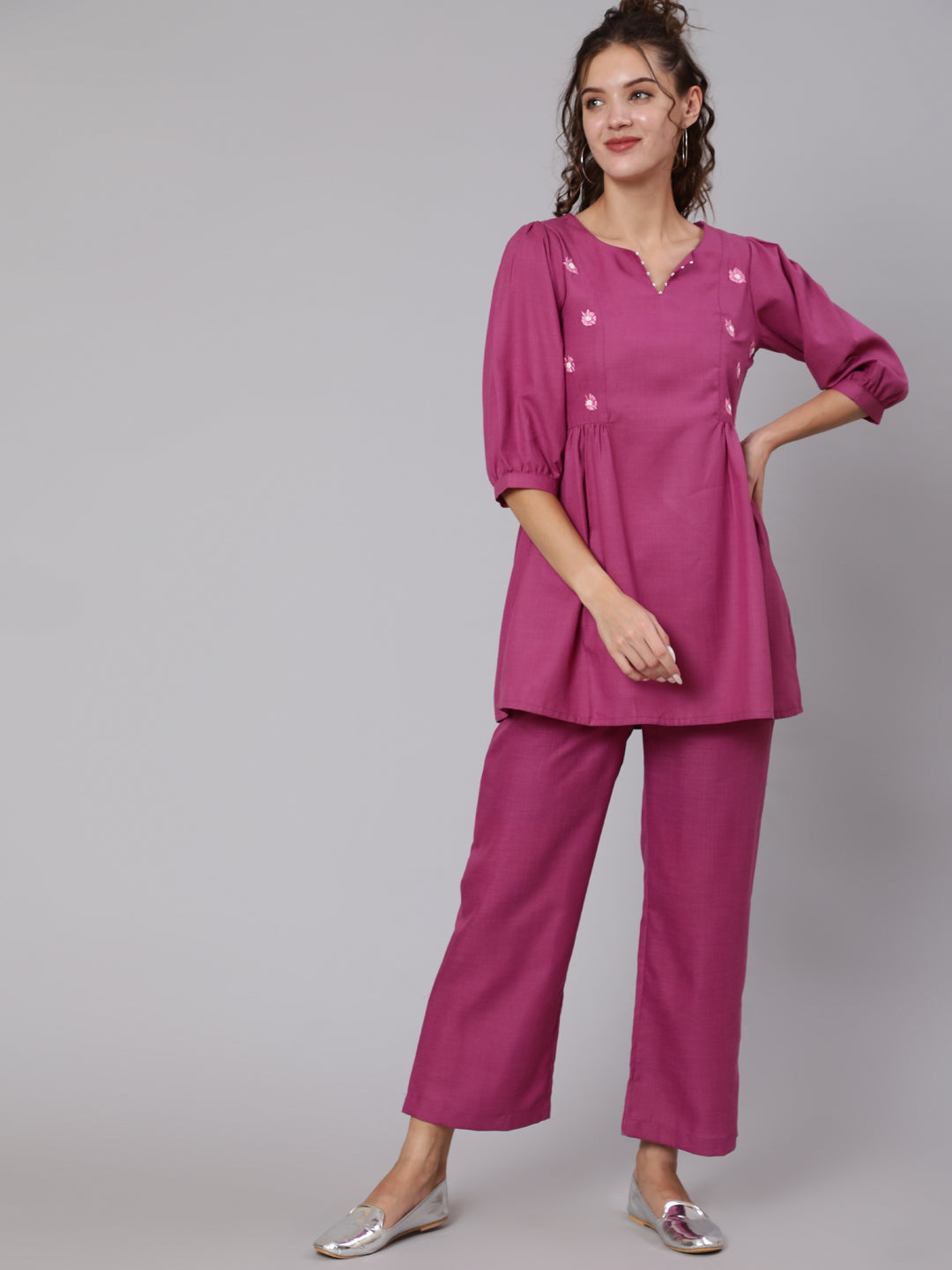 Buy Magenta Embroidered Top & Palazzo Co-Ord set | Jaipur Kurti Shop Stylish Magenta Co-Ord Set Online for Women. Buy Latest Embroidered Bead Work Flared Top with Puffed Sleeves & Magenta Palazzo at Jaipur Kurti at Diwali Sale