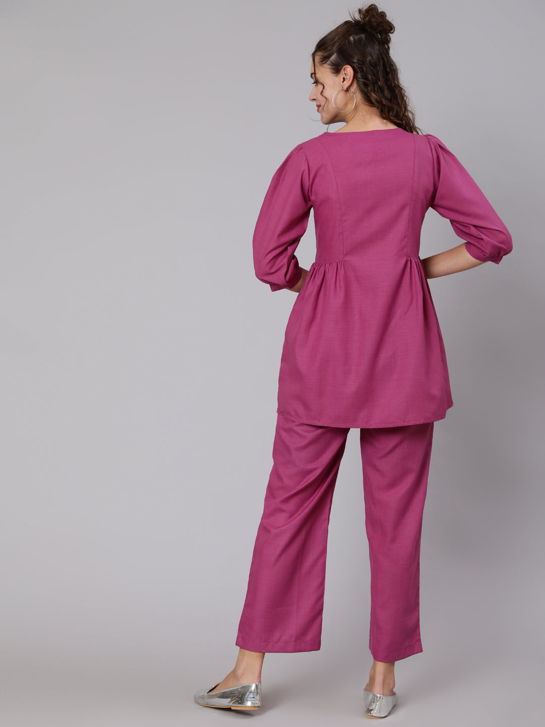 Buy Magenta Embroidered Top & Palazzo Co-Ord set | Jaipur Kurti Shop Stylish Magenta Co-Ord Set Online for Women. Buy Latest Embroidered Bead Work Flared Top with Puffed Sleeves & Magenta Palazzo at Jaipur Kurti at Diwali Sale