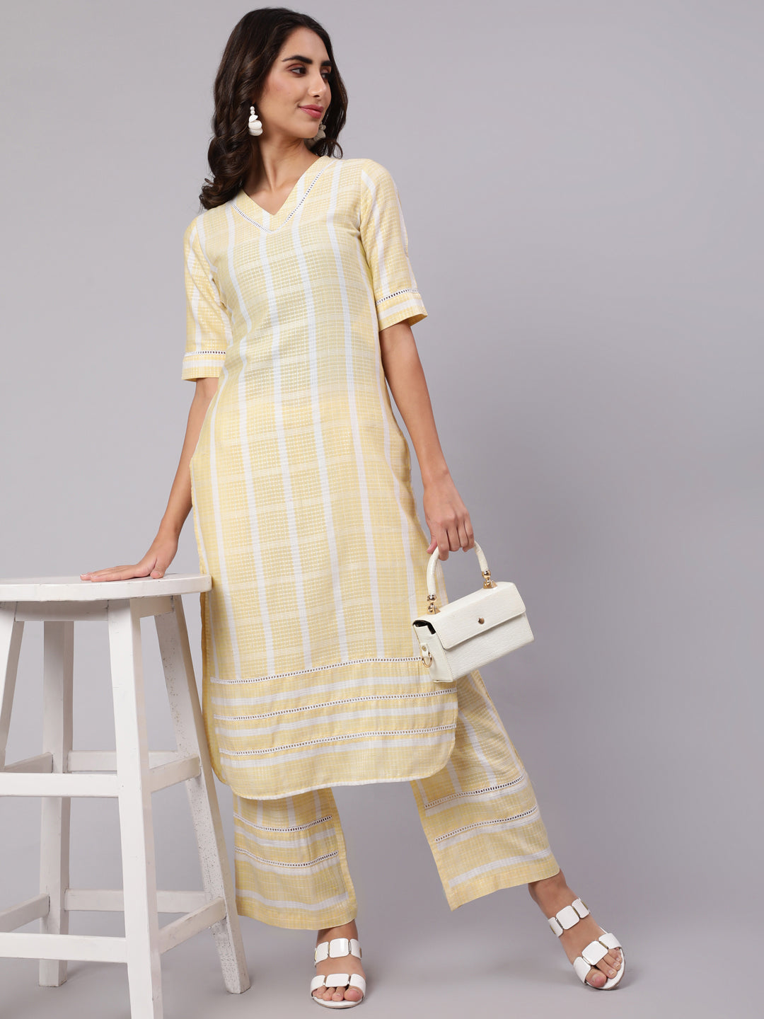 Yellow Yarn Dyed Striped Kurta With Palazzos