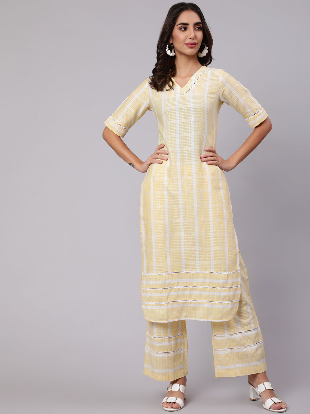 Yellow Yarn Dyed Striped Kurta With Palazzos