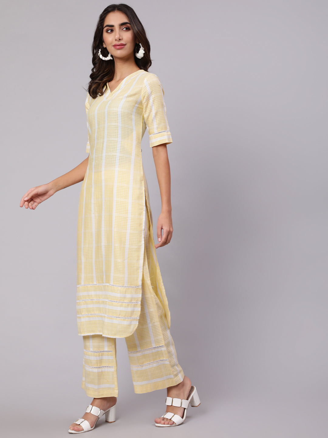 Yellow Yarn Dyed Striped Kurta With Palazzos