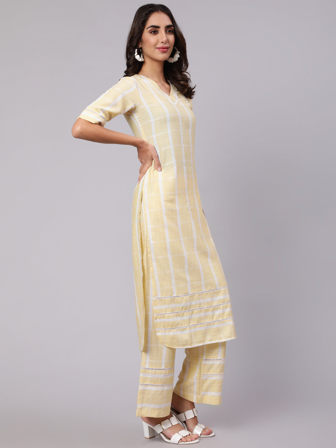 Yellow Yarn Dyed Striped Kurta With Palazzos