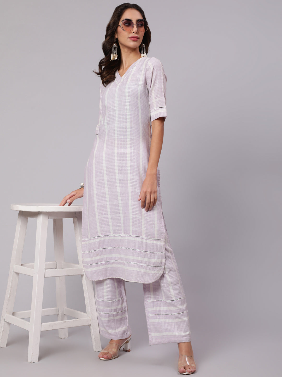 Purple Yarn Dyed Striped Kurta With Palazzos