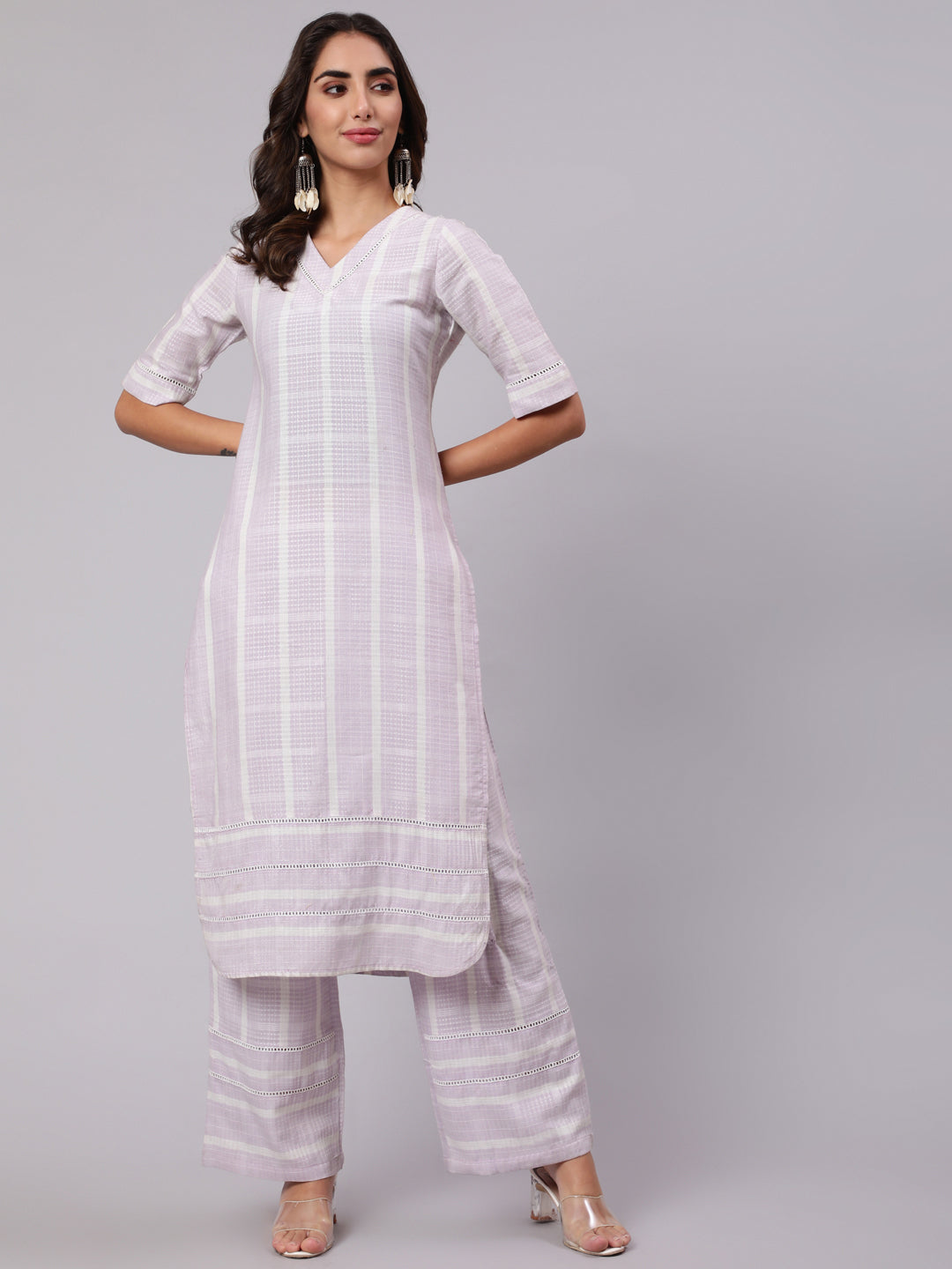 Purple Yarn Dyed Striped Kurta With Palazzos