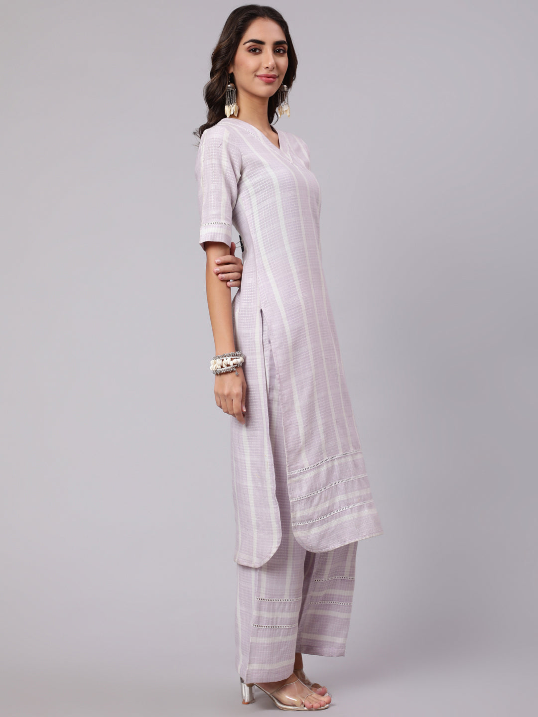 Purple Yarn Dyed Striped Kurta With Palazzos