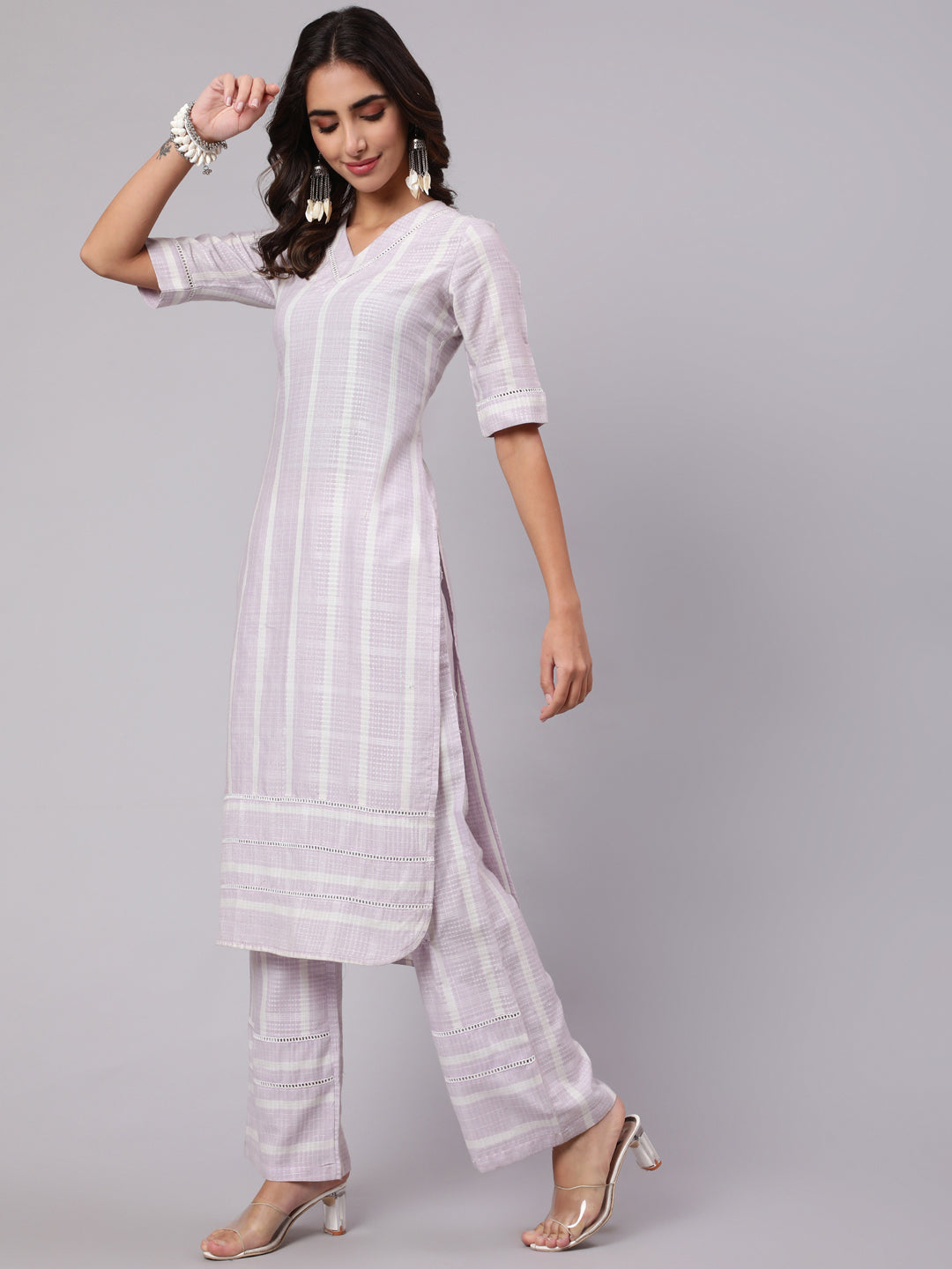 Purple Yarn Dyed Striped Kurta With Palazzos