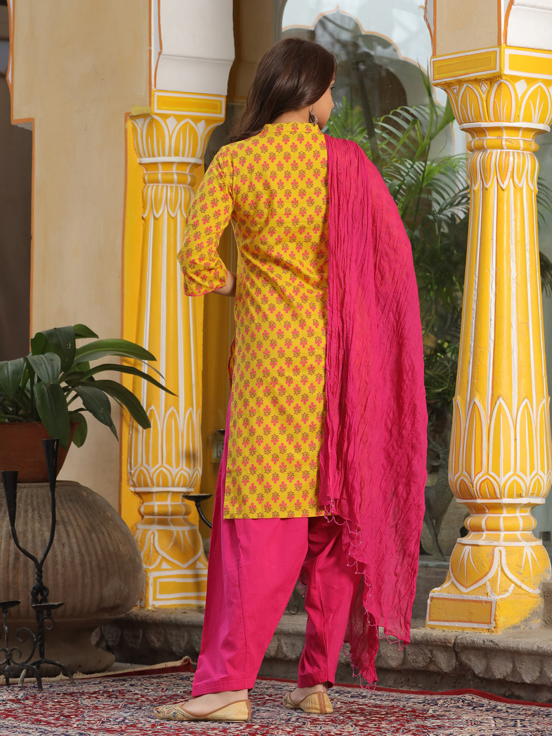 Yellow Ethnic Motif Straight Cotton Kurta With Salwar And Dupatta