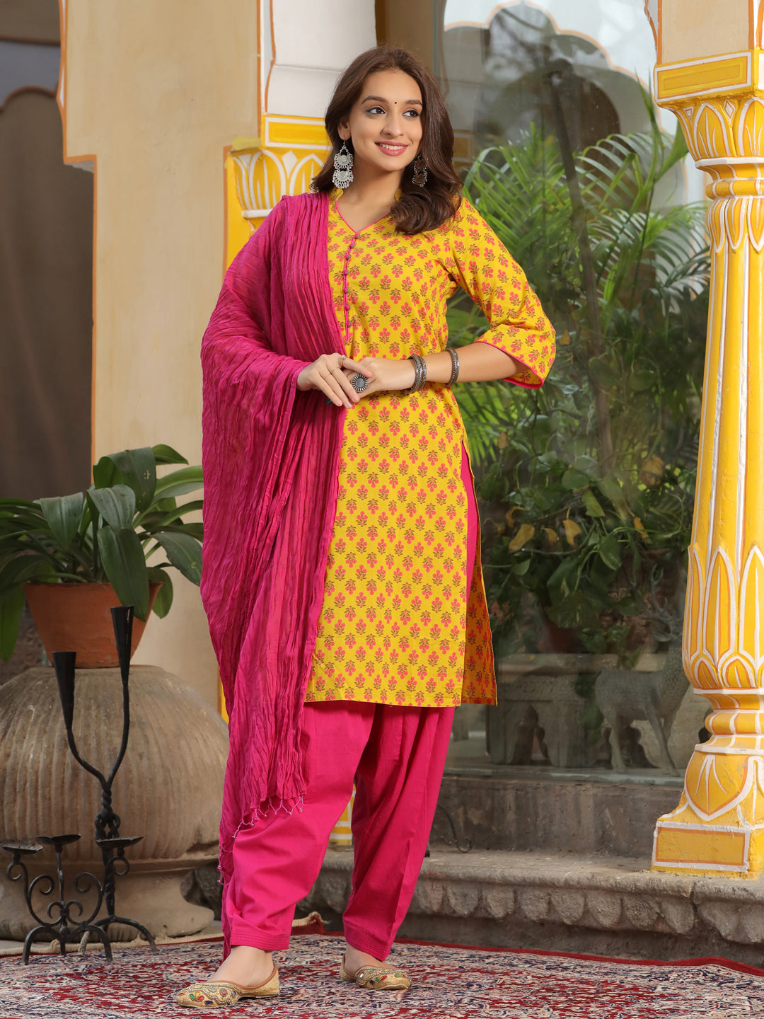 Yellow Ethnic Motif Straight Cotton Kurta With Salwar And Dupatta
