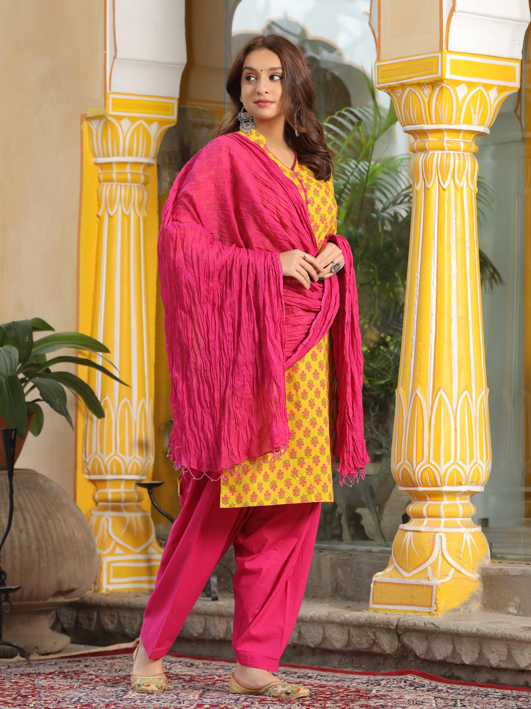 Yellow Ethnic Motif Straight Cotton Kurta With Salwar And Dupatta