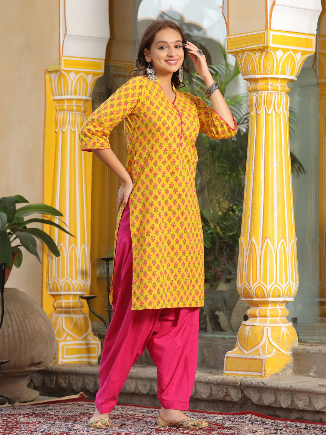 Yellow Ethnic Motif Straight Cotton Kurta With Salwar And Dupatta