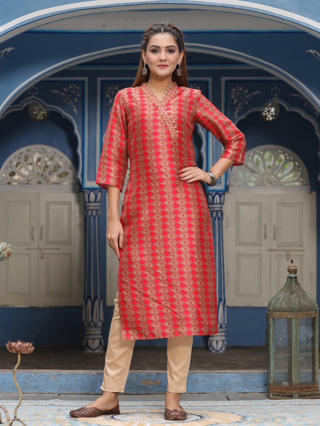 Red Silk Blend Geometric Print Straight Kurta