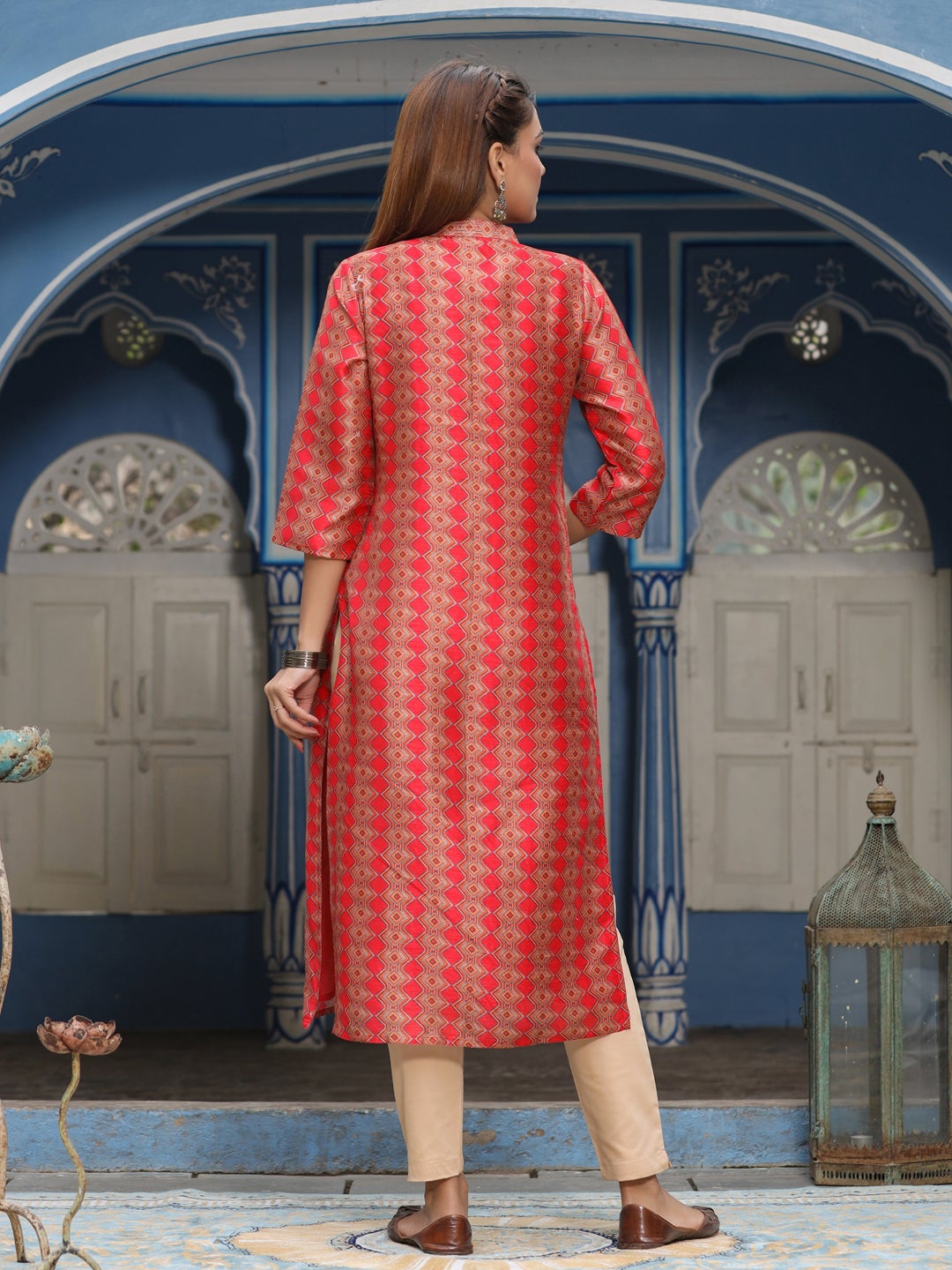 Red Silk Blend Geometric Print Straight Kurta
