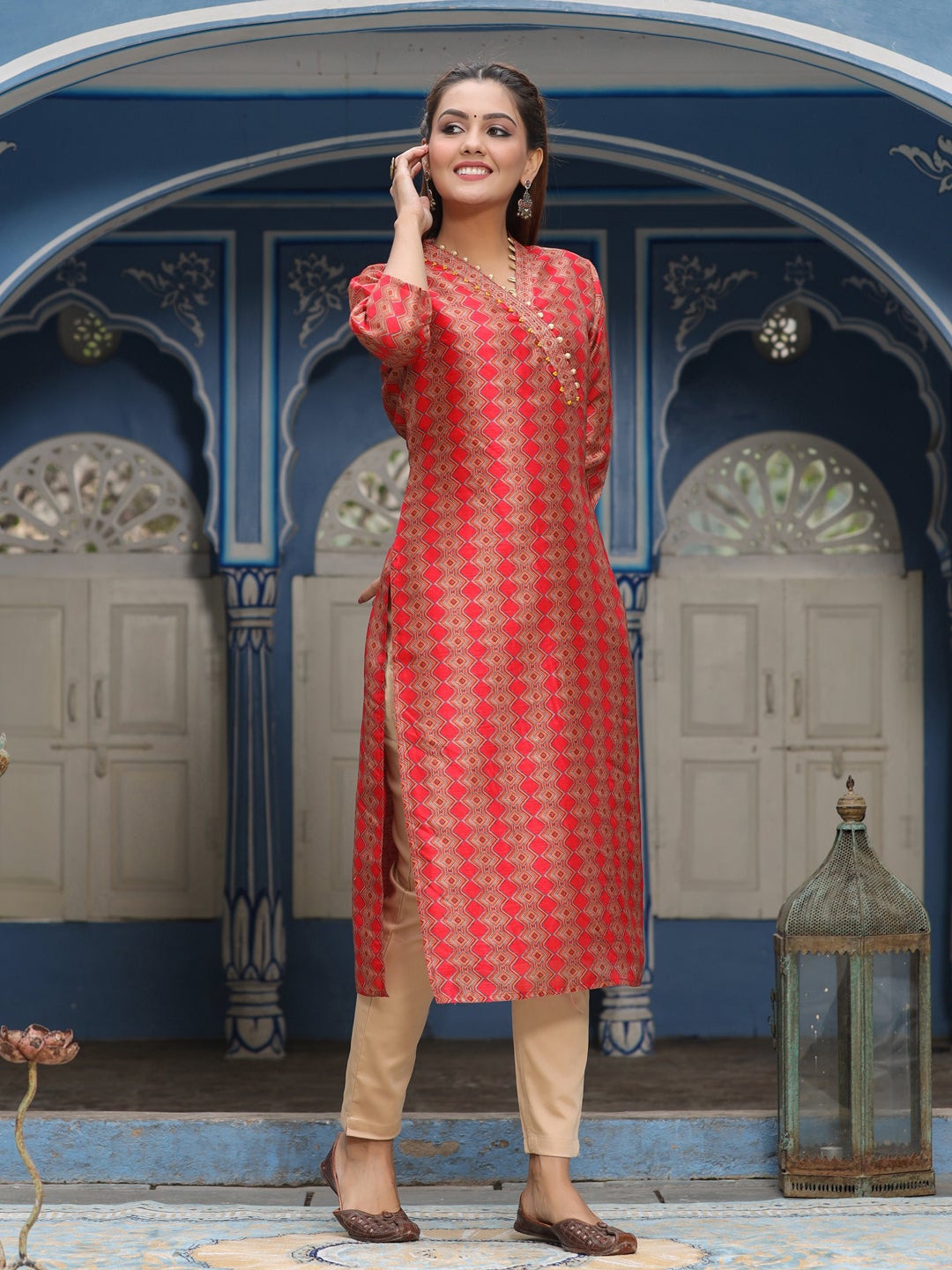 Red Silk Blend Geometric Print Straight Kurta