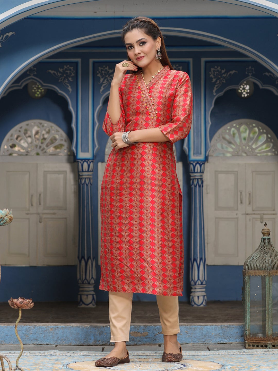 Red Silk Blend Geometric Print Straight Kurta