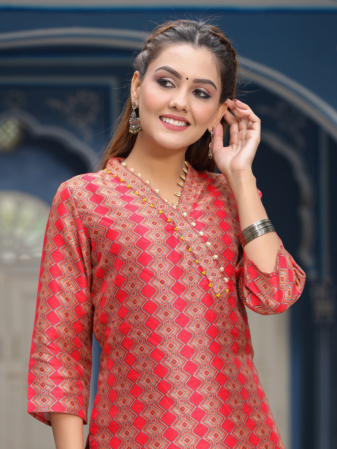 Red Silk Blend Geometric Print Straight Kurta