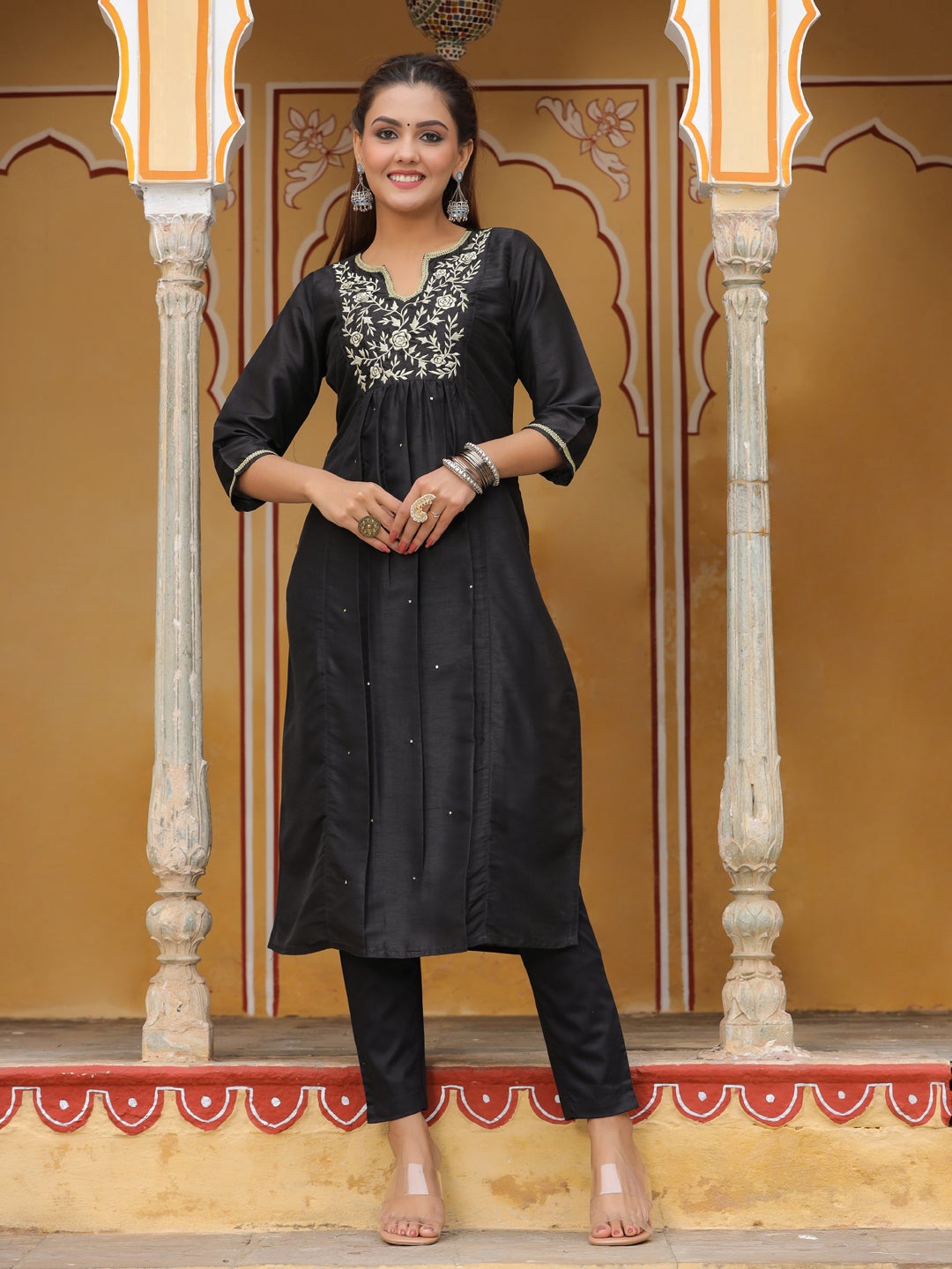 Black Dupion Silk Embroidered Straight Kurta