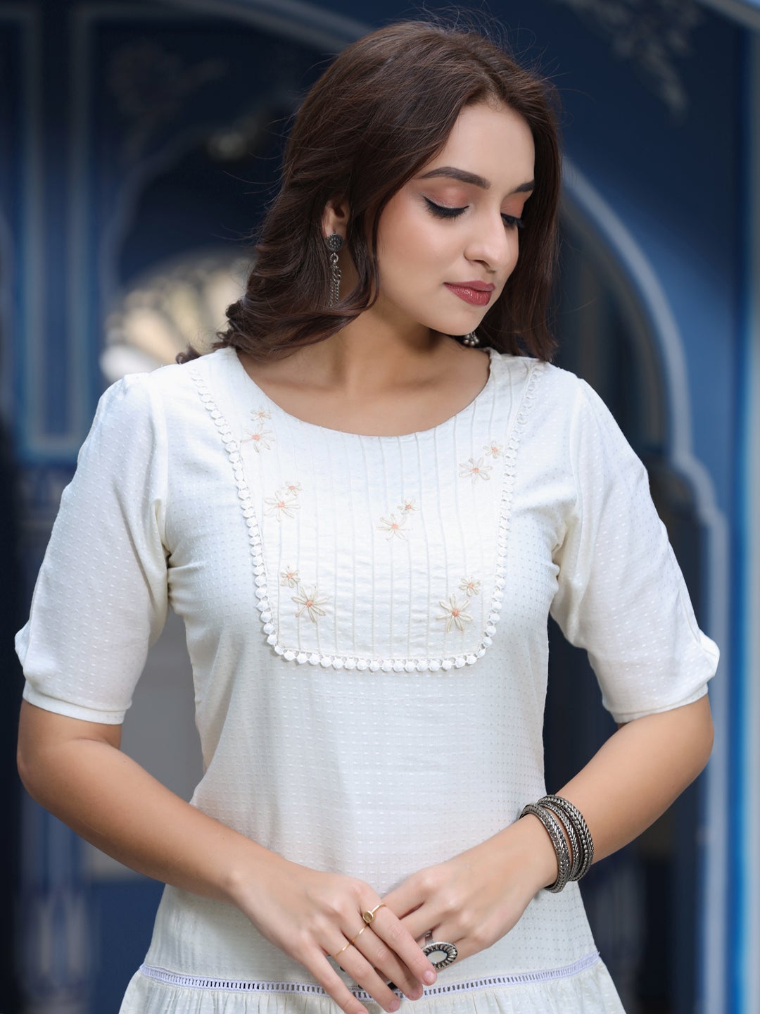 White Dobby Design Tiered A Line Top