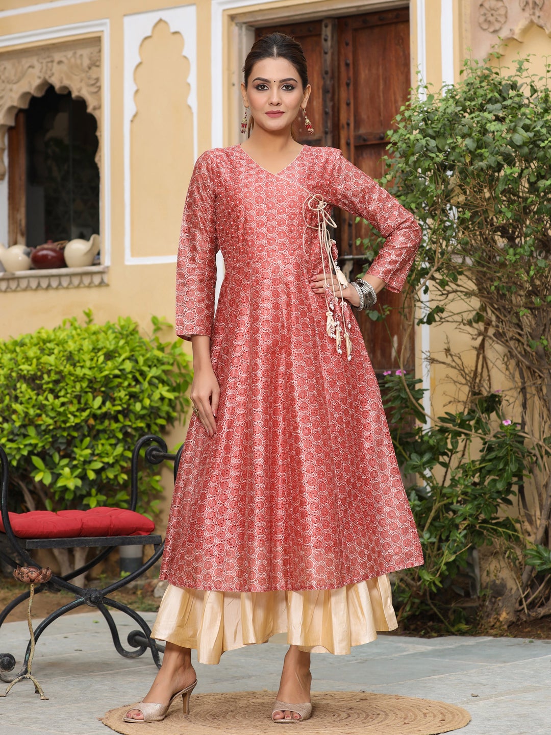 Schiffli Chanderi Silk Rust Angrakha Kurta