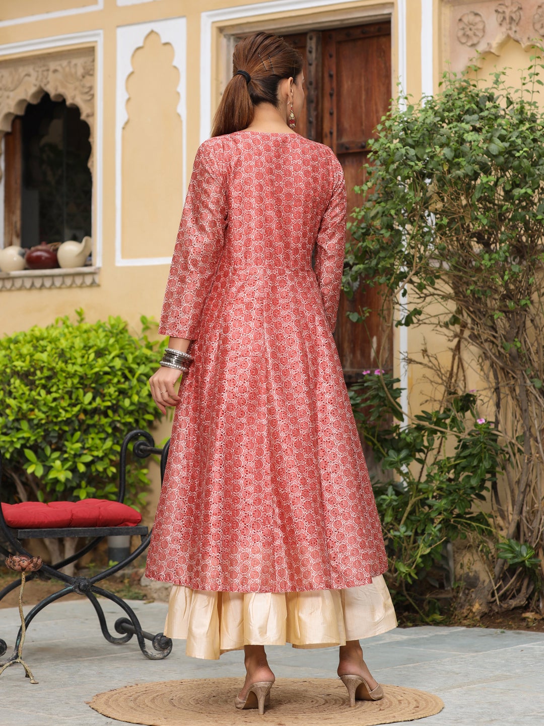 Schiffli Chanderi Silk Rust Angrakha Kurta